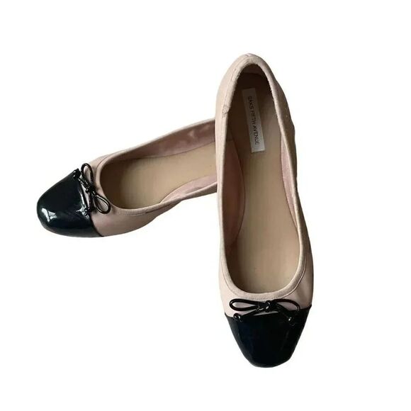 Saks Fifth Avenue Inez Leather Balllet Blush Pink Black Bow Flats Cap Toe Sz 10 - Picture 11 of 16